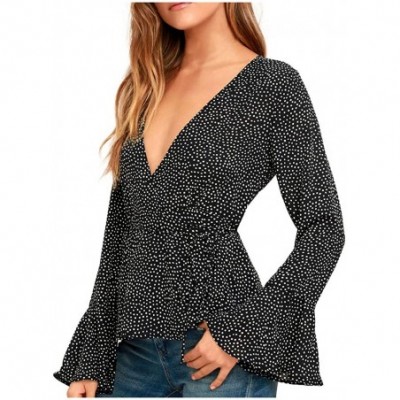 Tops Blouse Long Sleeve Shirt- 2019 Fashion Women V-Neck Bandage Long Flare Sleeve Dots Tops Blouse - Black - CG18WAGDCS8