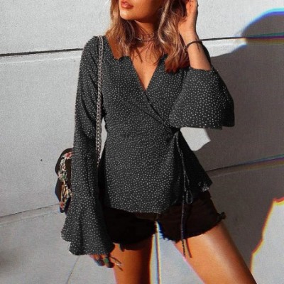 Tops Blouse Long Sleeve Shirt- 2019 Fashion Women V-Neck Bandage Long Flare Sleeve Dots Tops Blouse - Black - CG18WAGDCS8