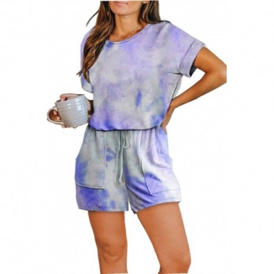 Sets Women's Casual Short Sleeve Tie Dye Pajamas Set One Piece Romper Loungewear Nightwear with Pockets - Blue - CF19CALHGZ0