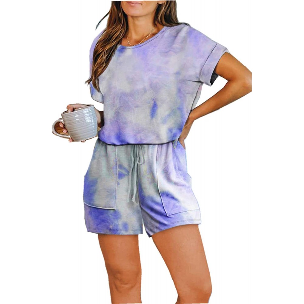 Sets Women's Casual Short Sleeve Tie Dye Pajamas Set One Piece Romper Loungewear Nightwear with Pockets - Blue - CF19CALHGZ0