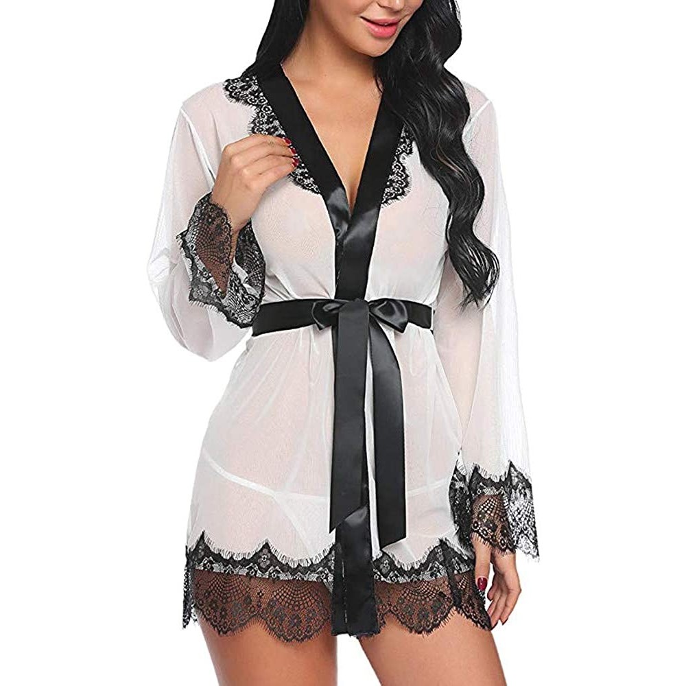 Baby Dolls & Chemises Women Sexy Satin Lace Trim Satin Sleepwear Dressing Nightdress Gown Babydoll Bath Robe Lingerie with Be...