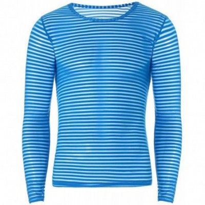 Shapewear Mens Sexy Stripe See Through Long Sleeve Round Collar Mesh Breathable Loose Undershirts - Blue - CS19DHO8239