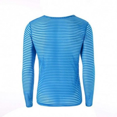 Shapewear Mens Sexy Stripe See Through Long Sleeve Round Collar Mesh Breathable Loose Undershirts - Blue - CS19DHO8239