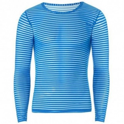 Shapewear Mens Sexy Stripe See Through Long Sleeve Round Collar Mesh Breathable Loose Undershirts - Blue - CS19DHO8239