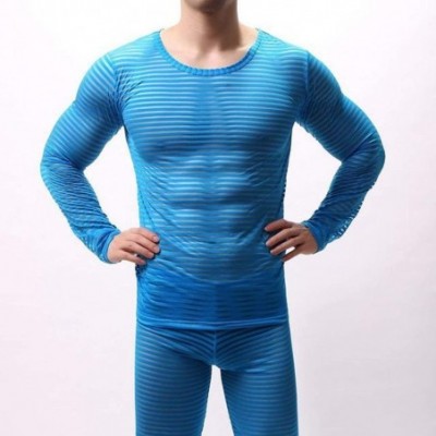 Shapewear Mens Sexy Stripe See Through Long Sleeve Round Collar Mesh Breathable Loose Undershirts - Blue - CS19DHO8239