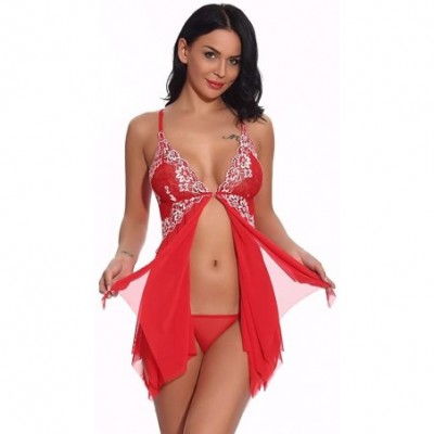 Nightgowns & Sleepshirts Women Lingerie Lace Babydoll V Neck Sleepwear Strap Chemise V Neck Mesh Sleepwear Lingerie - Red - C...