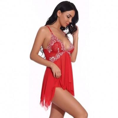 Nightgowns & Sleepshirts Women Lingerie Lace Babydoll V Neck Sleepwear Strap Chemise V Neck Mesh Sleepwear Lingerie - Red - C...