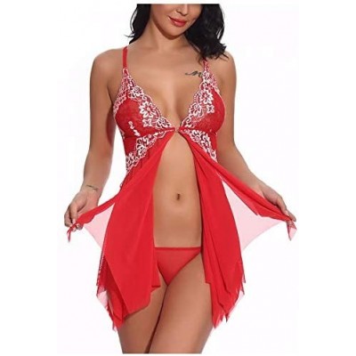 Nightgowns & Sleepshirts Women Lingerie Lace Babydoll V Neck Sleepwear Strap Chemise V Neck Mesh Sleepwear Lingerie - Red - C...