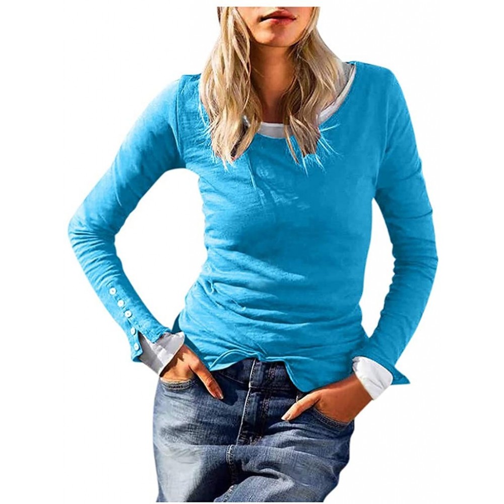 Garters & Garter Belts Women Solid Blouse Casual Round Neck Long Sleeve Button Cuffs Slim Fit T -Shirt Tops Tunics - Blue - C...