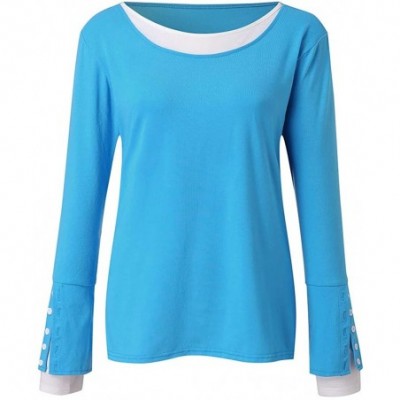 Garters & Garter Belts Women Solid Blouse Casual Round Neck Long Sleeve Button Cuffs Slim Fit T -Shirt Tops Tunics - Blue - C...