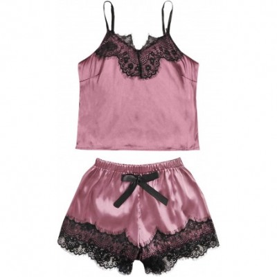 Sets Women's Lace Satin Sleepwear Cami Top and Shorts Pajama Set - Purple a - CS18WNHMO2N