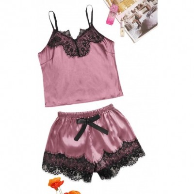 Sets Women's Lace Satin Sleepwear Cami Top and Shorts Pajama Set - Purple a - CS18WNHMO2N