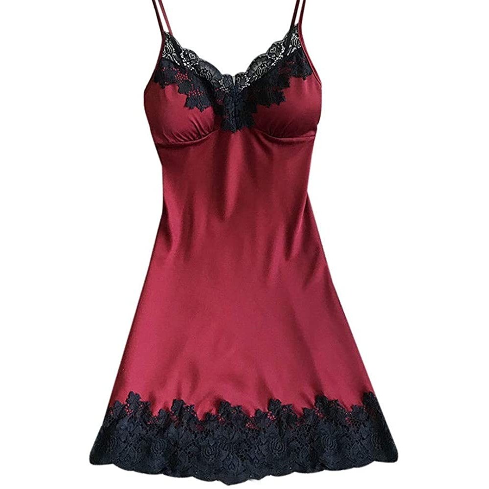 Baby Dolls & Chemises Women Sexy Lingerie Ladies Silk Lace Nightdress Babydoll Sleepwear Nightgown Plus Size - Wine 6 - CF18Y...