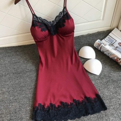 Baby Dolls & Chemises Women Sexy Lingerie Ladies Silk Lace Nightdress Babydoll Sleepwear Nightgown Plus Size - Wine 6 - CF18Y...