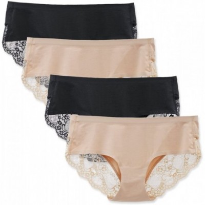 Panties Women's 3 Pack Cotton Lace Coverage Seamless Brief Panty Underwear - Black/Nude - CT11O4NYVPL