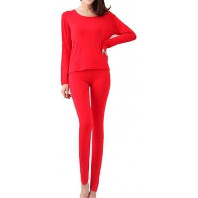 Thermal Underwear Women Stretch Thermal Underwear Set Soft Crew Neck Base Layer Thin Long Johns - Long Johns Red - C4192YCRU7Q