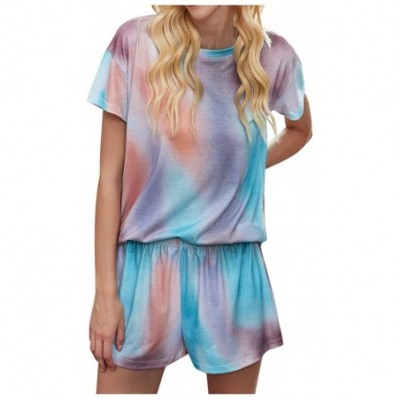 Sets Tie Dye Lounge Sets for Women Womens Tie Dye Printed Tee and Shorts Pajamas Set Short Sleeve Sleepwear Pjs Sets Blue - C...