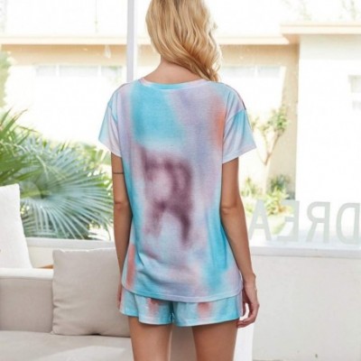 Sets Tie Dye Lounge Sets for Women Womens Tie Dye Printed Tee and Shorts Pajamas Set Short Sleeve Sleepwear Pjs Sets Blue - C...