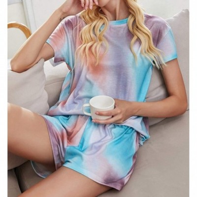 Sets Tie Dye Lounge Sets for Women Womens Tie Dye Printed Tee and Shorts Pajamas Set Short Sleeve Sleepwear Pjs Sets Blue - C...