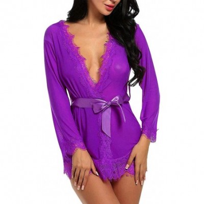 Bras Nightgowns for Women Sexy Deep V Lingerie Lace Babydoll Erotic Underwear Pajamas Robe with Thong + Waist Belt - Purple -...