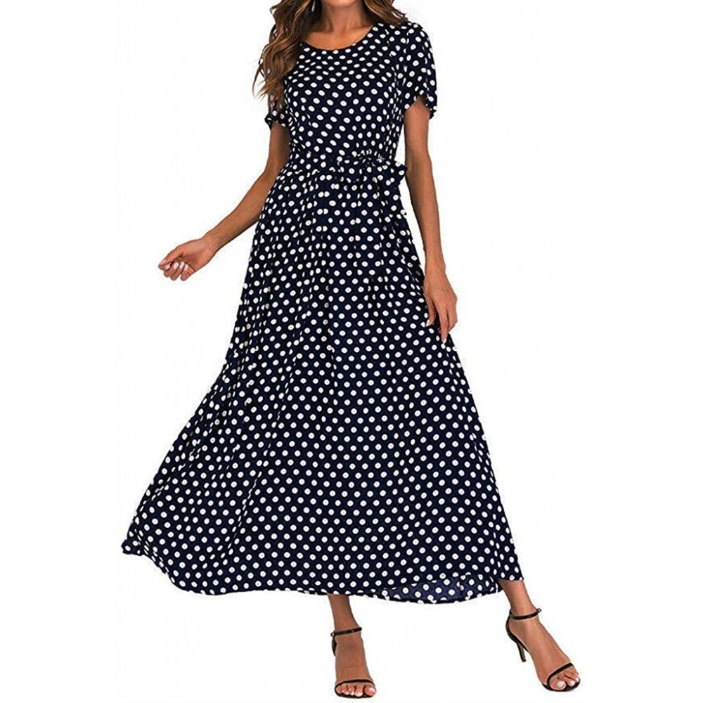 Nightgowns & Sleepshirts Fashion Women O-Neck Short Sleeve Summer Casual Beach Polka Dot Bandage Long Maxi Dress - Navy - CE1...