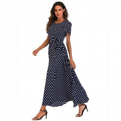 Nightgowns & Sleepshirts Fashion Women O-Neck Short Sleeve Summer Casual Beach Polka Dot Bandage Long Maxi Dress - Navy - CE1...