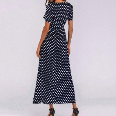 Nightgowns & Sleepshirts Fashion Women O-Neck Short Sleeve Summer Casual Beach Polka Dot Bandage Long Maxi Dress - Navy - CE1...