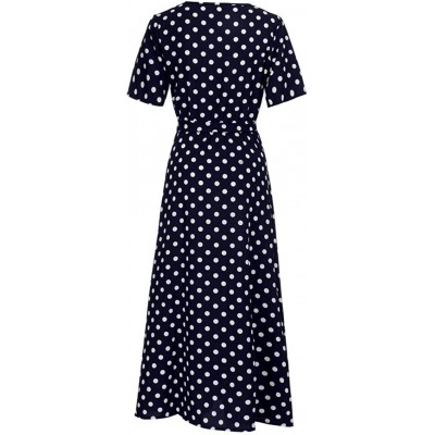 Nightgowns & Sleepshirts Fashion Women O-Neck Short Sleeve Summer Casual Beach Polka Dot Bandage Long Maxi Dress - Navy - CE1...