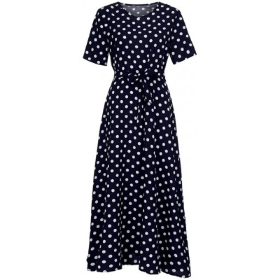 Nightgowns & Sleepshirts Fashion Women O-Neck Short Sleeve Summer Casual Beach Polka Dot Bandage Long Maxi Dress - Navy - CE1...