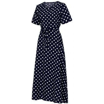 Nightgowns & Sleepshirts Fashion Women O-Neck Short Sleeve Summer Casual Beach Polka Dot Bandage Long Maxi Dress - Navy - CE1...