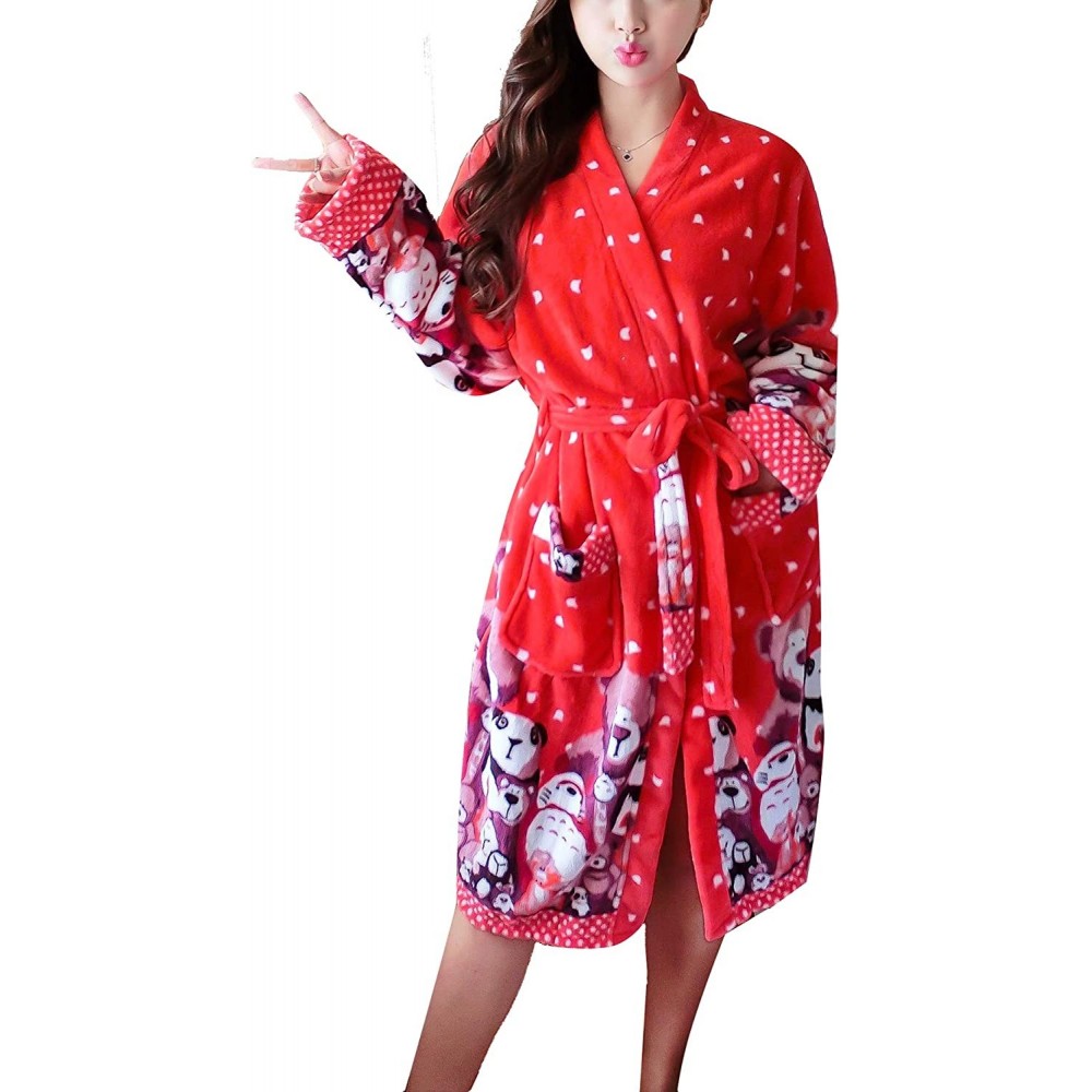 Robes Fleece Short Robes for Women Knee Length Plush Cozy Robe Soft Comfy Warm Printed Bathrobe for Young Girls Red Cartoon -...