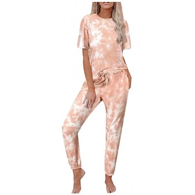 Thermal Underwear 2Pcs Women Tie-Dye Sweatsuit Set Long Sleeve Top Drawstring Sweatpants Sets - Orange - CF190E06IZS