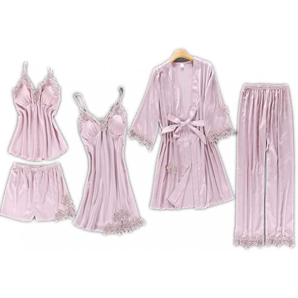 Sets Satin Pajamas for Women 5 Pieces Sleepwear Lace Pajamas Set Satin Pijama Mujer - Pink - CP18SL232NR