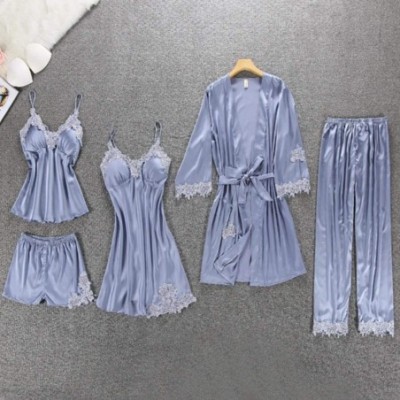 Sets Satin Pajamas for Women 5 Pieces Sleepwear Lace Pajamas Set Satin Pijama Mujer - Pink - CP18SL232NR