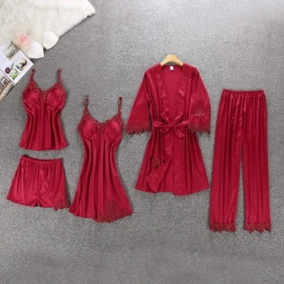 Sets Satin Pajamas for Women 5 Pieces Sleepwear Lace Pajamas Set Satin Pijama Mujer - Pink - CP18SL232NR