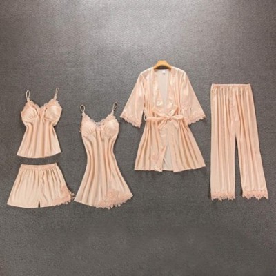 Sets Satin Pajamas for Women 5 Pieces Sleepwear Lace Pajamas Set Satin Pijama Mujer - Pink - CP18SL232NR