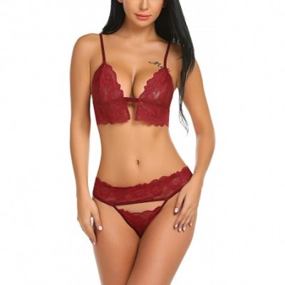 Baby Dolls & Chemises Women Lingerie Lace Bodysuit Strap Bra and Panty Set Mini Teddy Outfit - Dark Red - CW18ERL5RZH