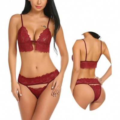 Baby Dolls & Chemises Women Lingerie Lace Bodysuit Strap Bra and Panty Set Mini Teddy Outfit - Dark Red - CW18ERL5RZH