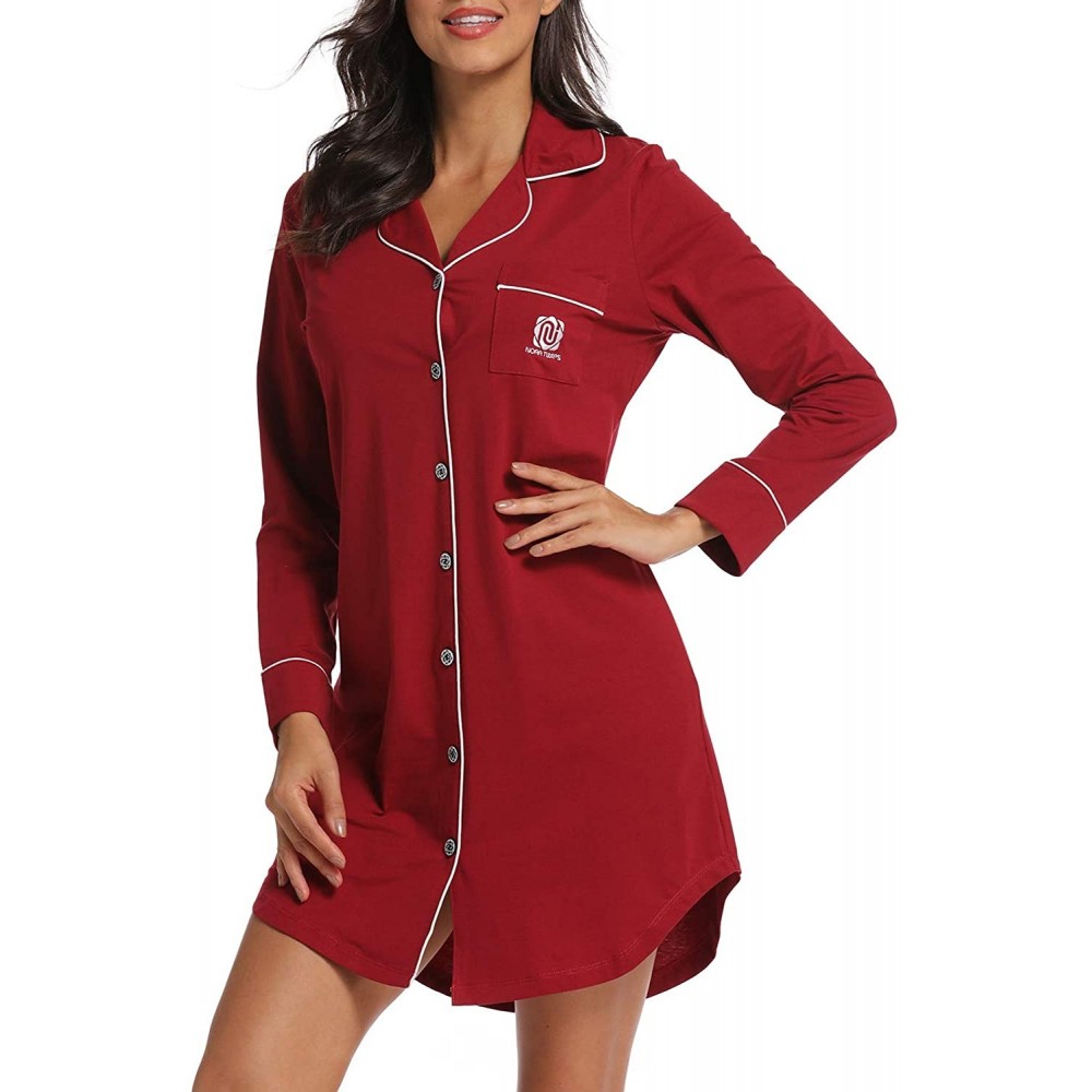 Nightgowns & Sleepshirts Women's Nightgown Long Sleeve Sleepwear Knit Nightgown Soft Button Sleep Dress - Wine Red - C118YCM7Z5Q