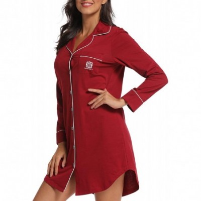 Nightgowns & Sleepshirts Women's Nightgown Long Sleeve Sleepwear Knit Nightgown Soft Button Sleep Dress - Wine Red - C118YCM7Z5Q