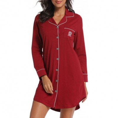 Nightgowns & Sleepshirts Women's Nightgown Long Sleeve Sleepwear Knit Nightgown Soft Button Sleep Dress - Wine Red - C118YCM7Z5Q