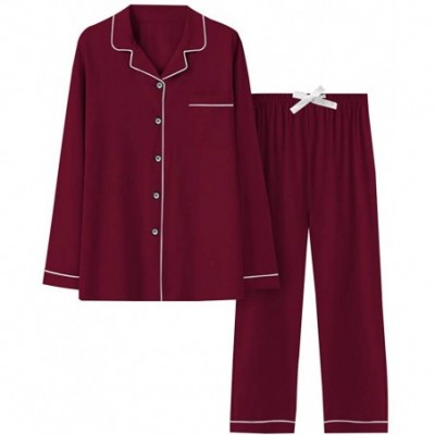 Sets Long Sleeve Pajama Set for Women Button Down Knit PJS Top & Lounge Pants - Long Wine Red - C218TKAL24T