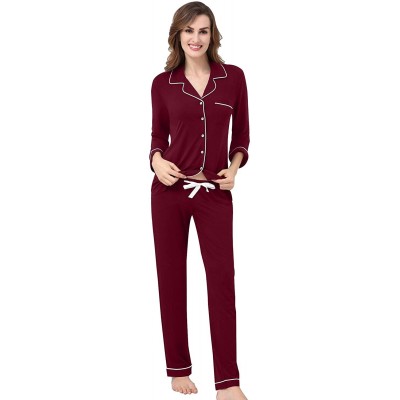 Sets Long Sleeve Pajama Set for Women Button Down Knit PJS Top & Lounge Pants - Long Wine Red - C218TKAL24T