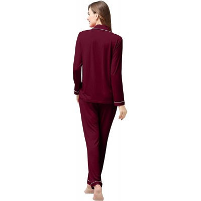 Sets Long Sleeve Pajama Set for Women Button Down Knit PJS Top & Lounge Pants - Long Wine Red - C218TKAL24T