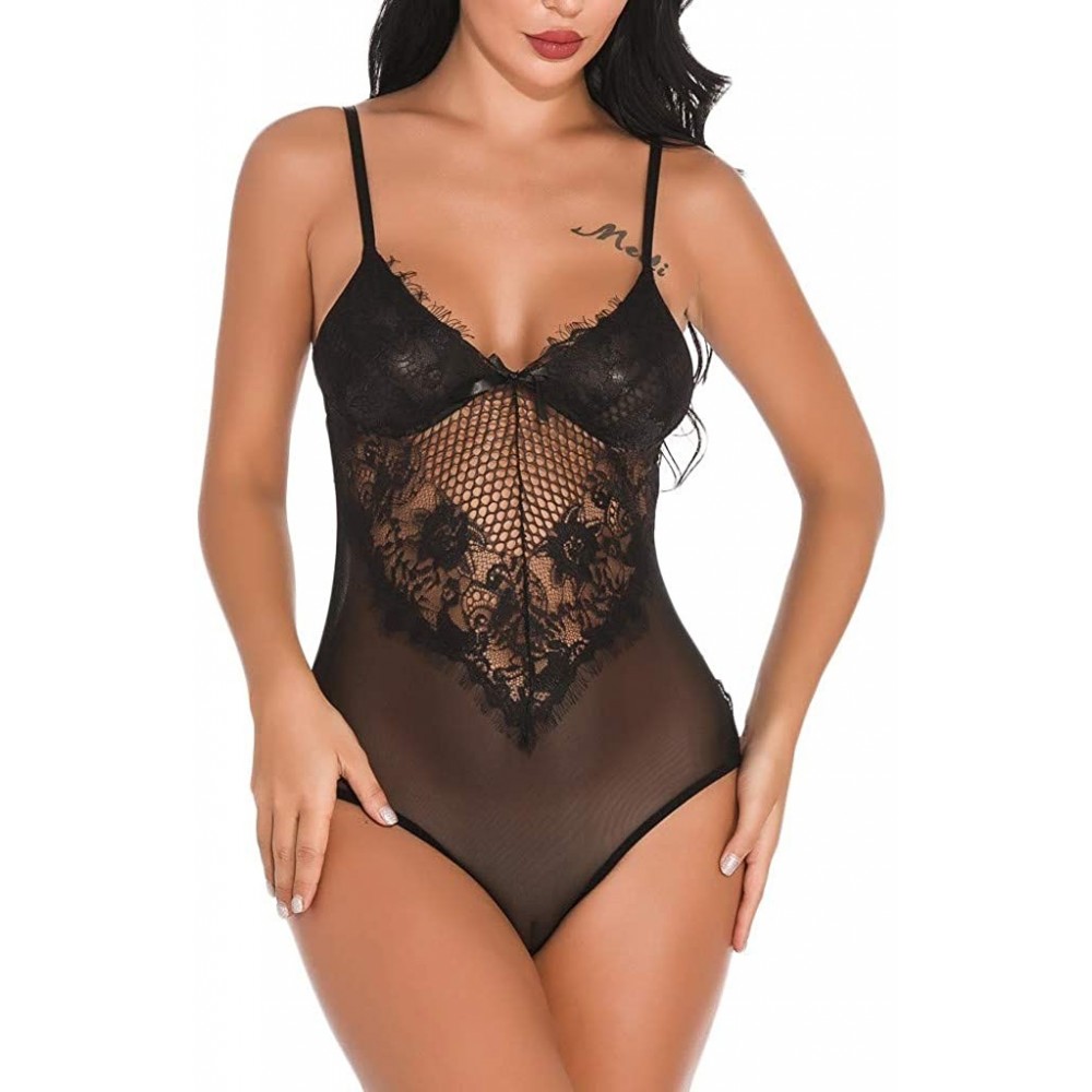 Garters & Garter Belts One Piece Lingerie Lace Bodysuit Deep V Neck Halter Babydoll Underwear - Black - C21936E58GX