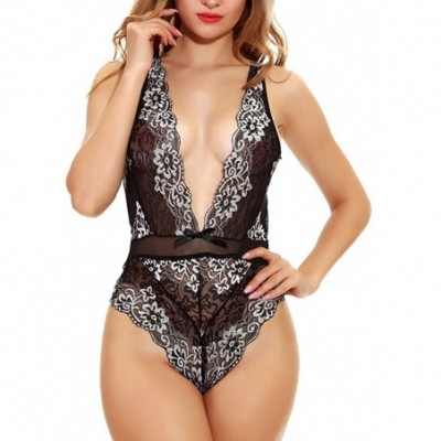 Baby Dolls & Chemises Women Sexy Lace Lingerie Deep V-Neck Printing One-Piece Teddy Temptation Bodysuit Underwear - Black - C...