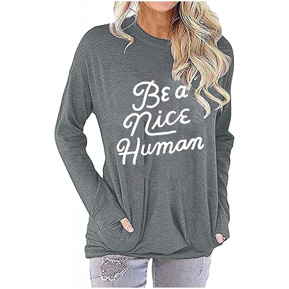 Bras Women Blouse Letter Printing Casual Long Sleeve O Neck Tops Shirt Tunics with Pocket - Gray - CB193GNG7TA