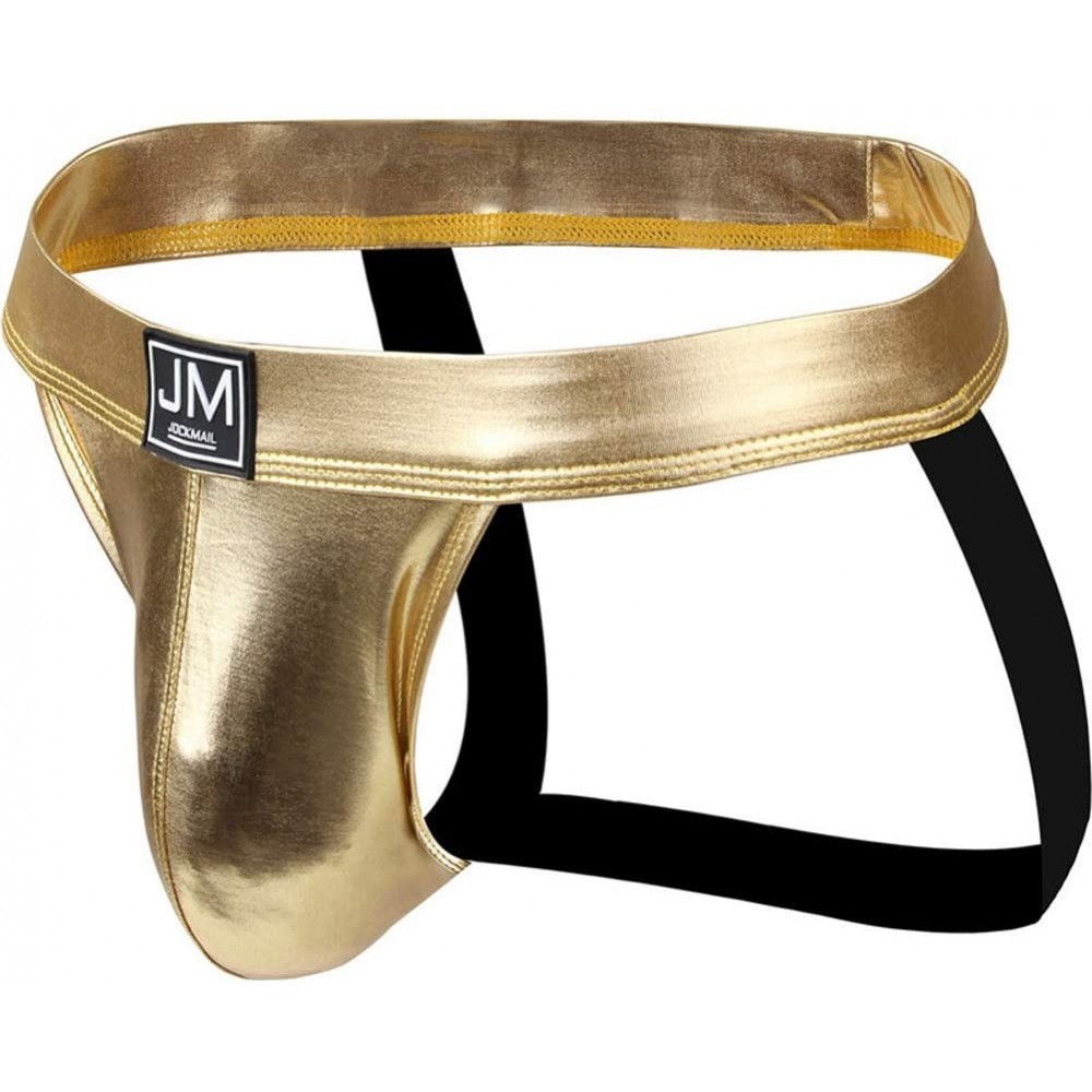 G-Strings & Thongs Sexy Men's Leather Bikini Thong Jockstrap Underwear Enhancing Bulge Pouch Briefs-Gold-XL - Gold - C1198CXO99E