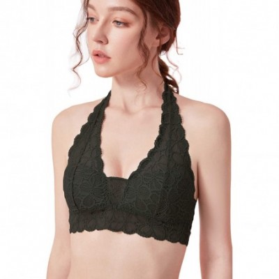 Bras Soft Sexy Breathable Wirefree Lace Padded Halter Bralette (for A-C Cups) - Black - C318ZD76NSW