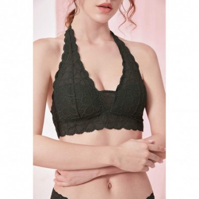 Bras Soft Sexy Breathable Wirefree Lace Padded Halter Bralette (for A-C Cups) - Black - C318ZD76NSW